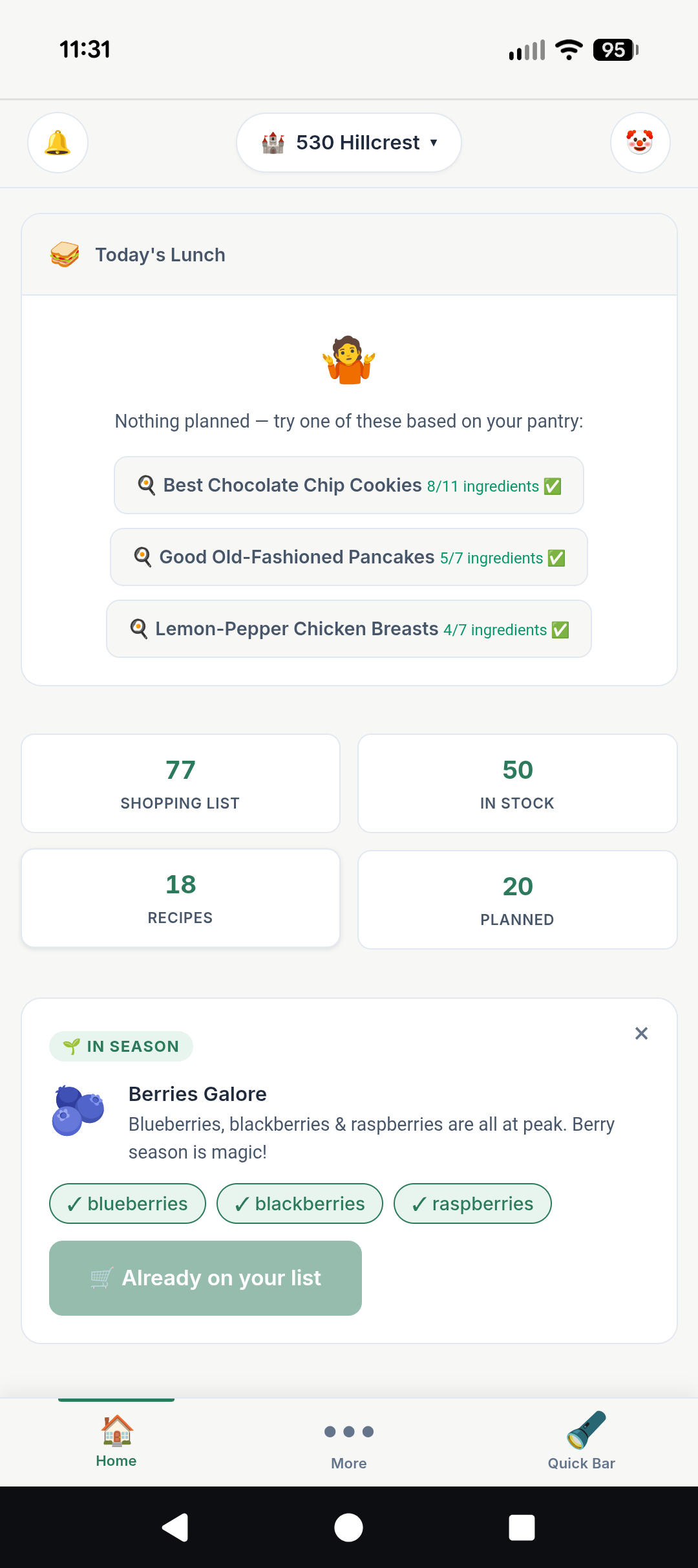 Intelligent home dashboard with dinner planning